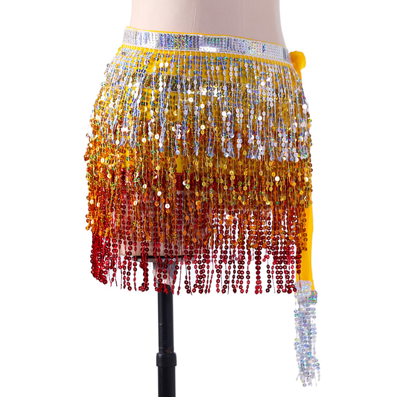 Sequins 4 layers colors belly dance hip scarf skirt with paillette tassel for halloween christmas New Year Party Y1018